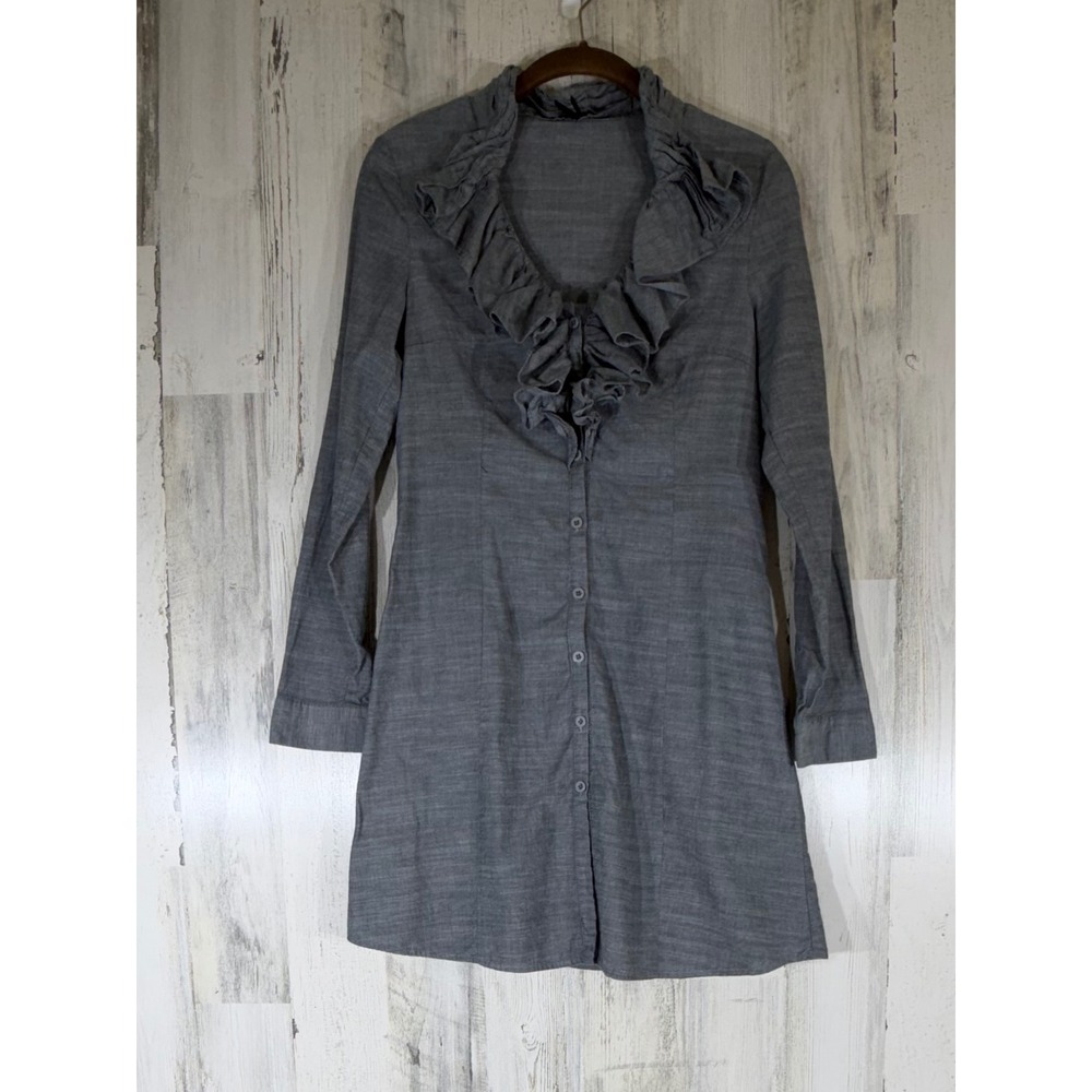 Lapis Shirt Dress Gray Ruffle Neck Button Front Roll Tab Sleeve Goth‎ Steampunk